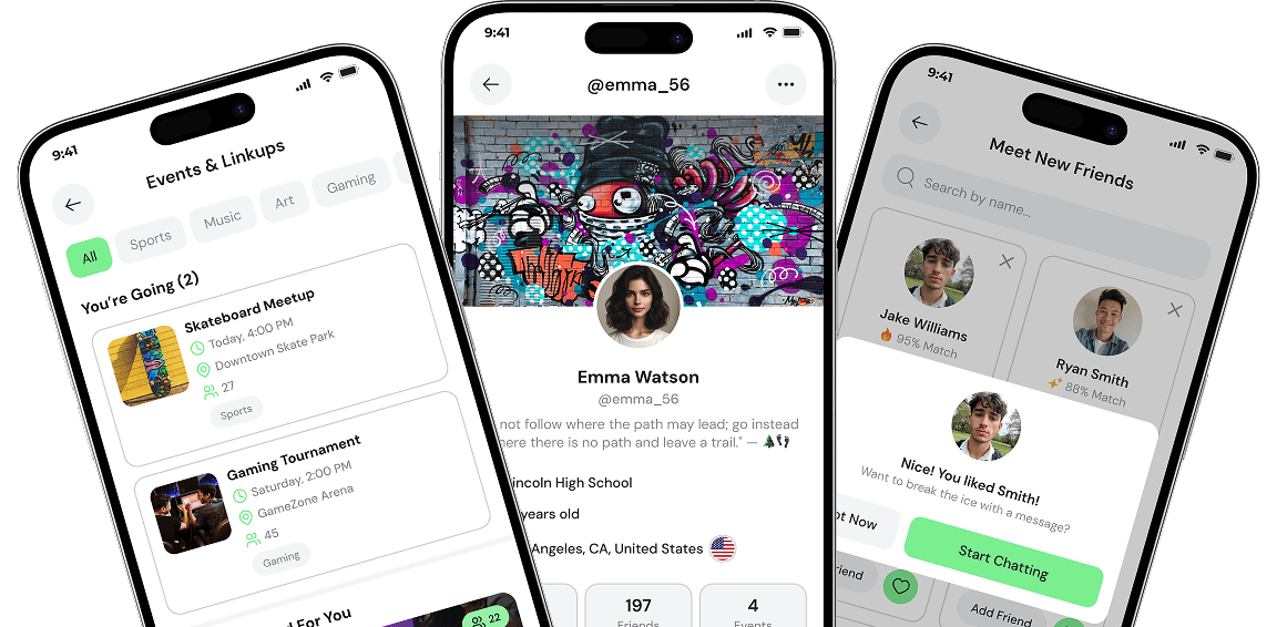 Lit Teen Social app screenshots showing events, profile, and friend discovery screens